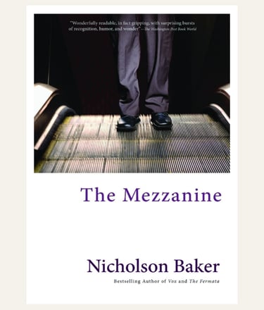 Book cover of The Mezzanine - man's feet coming up on an escalator