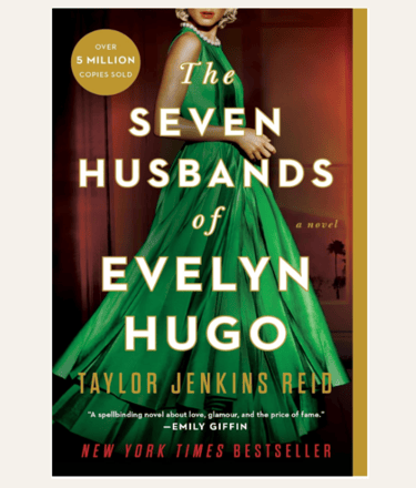 book cover with woman in green dress for The Seven Husbands of Evelyn Hugo