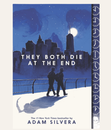 book cover with city skyline in blue and two silhouettes walking of novel They Both Die at The End