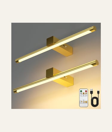 Modern gold picture light with remote control and USB charging cable for wireless wall lighting.