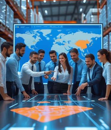a group of business people standing around a large screen