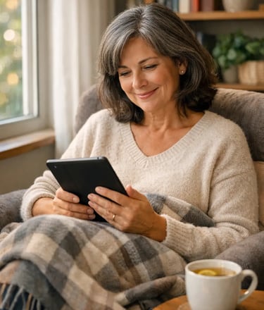 a woman sitting in a chair with a tablet computer