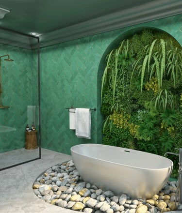 Baignoire ilot design posee sur des galets blancs, projet Nina Poma Studio.