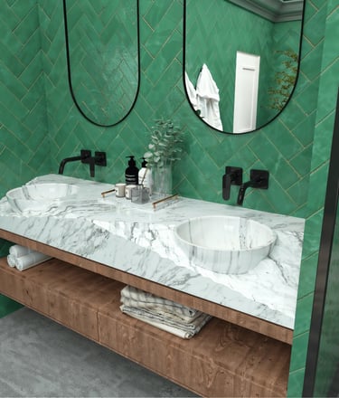 Zoom sur le marbre naturel et finitions minerales, agence Nina Poma Studio.