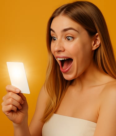 Mujer sonriente sostiene la Glow Card de AR Clinic, símbolo de ofertas en tratamientos estéticos.
