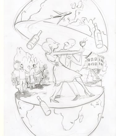 Pencil sketch of a couple dancing inside a globe with wine bottles, airplanes, and a vineyard landscape.