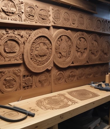 A woodworking setting with four handcrafted wooden doorstops featuring metal accents. Each piece is engraved with the text 'metnis Living'. The background shows a workspace with unfinished wood and shavings.