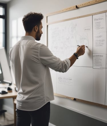 A focused professional in a modern office, collaborating with a leadership team around a strategy whiteboard.