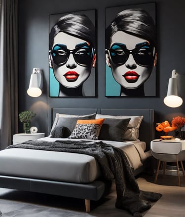 Atmosfera aconchegante e contemporânea em um quarto com quadro pop-art na parede.