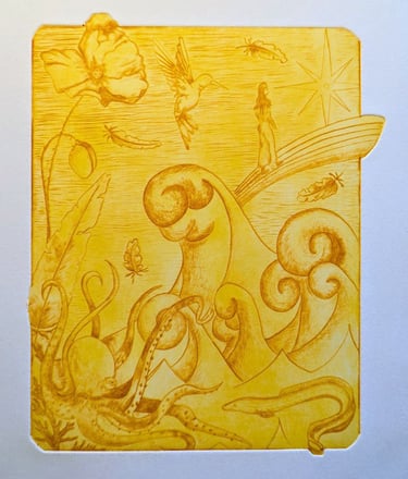 7ème mère jaune pieuvre colibri gravure rhénalon