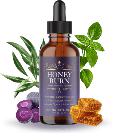 Honey Burn liquid weight loss supplement bottle with honeycombs, purple carrots, and green herbs.