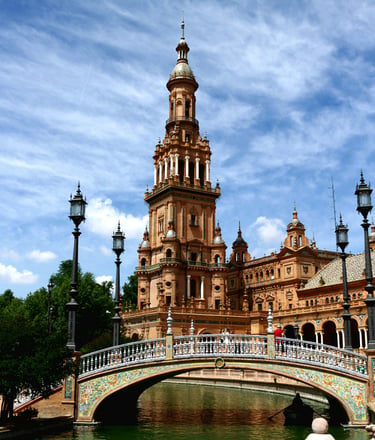 Plaza de España in Seville, Spain with canal, bridge and historic architecture