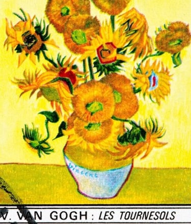 Vincent van Gogh's Sunflowers oil painting featuring yellow flowers in a white vase on a yellow background.