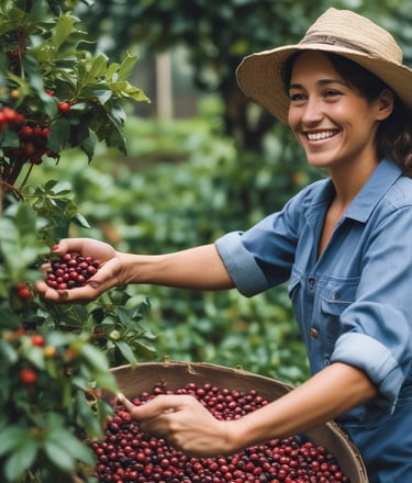 A black coffee bag with a colorful label showcasing a mountain landscape and flying birds is nestled among lush green coffee plant leaves. The scene also includes clusters of ripe red coffee cherries on branches.