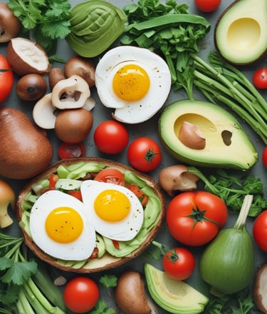 avocado, tomatoes, eggs, mushrooms, spring onions, and leaves