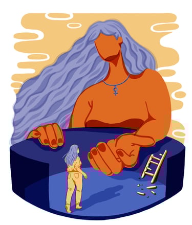 big woman with long hair about to take a small woman out of a cage with a broken ladder