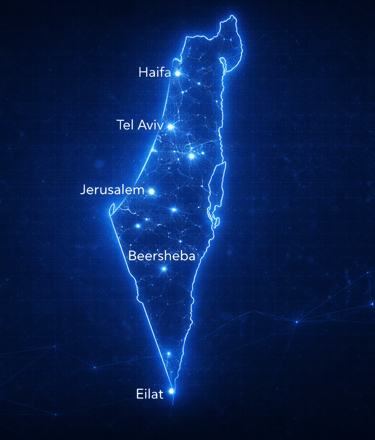 Цифровая карта Израиля с подсвеченным контуром границ и  гродами Тель-Авив, Иерусалим, Х