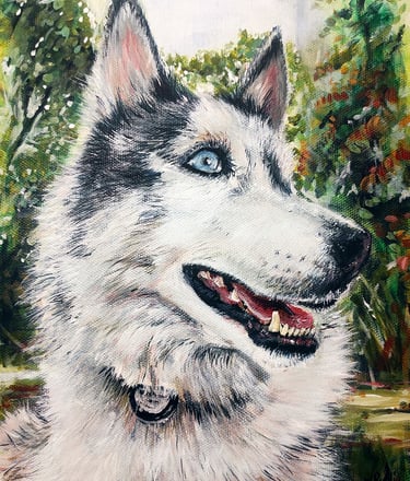 A pet portrait of a happy looking husky in expressive acrylic colours