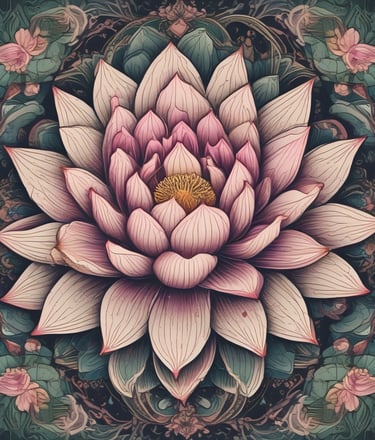 A laptop displaying a graphical design program with multiple small thumbnails on the screen, placed on a desk. Two camera lenses are positioned on either side of the laptop, and the background shows a softly lit room with a large window.