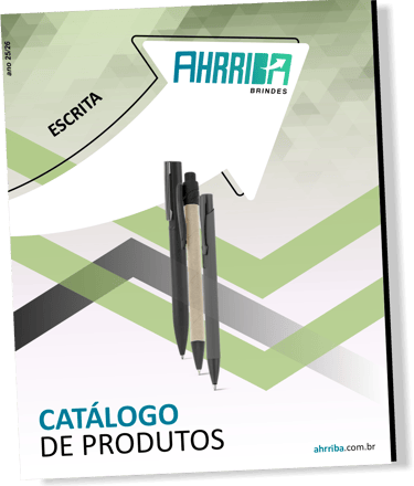 "Catálogo de brindes corporativos Ahrriba com foco em canetas e lápis personalizados."