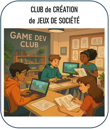 image illustrant un club de création de jeux : des jeunes réunis autour de tables concevant des jeux