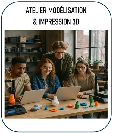 Photo illustrant un atelier de modélisation et d’impression 3D : des jeunes réunis autour de tables 