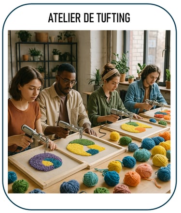 photo illustrant un atelier de tufting : des jeunes ou adultes autour de tables, utilisant des cadre