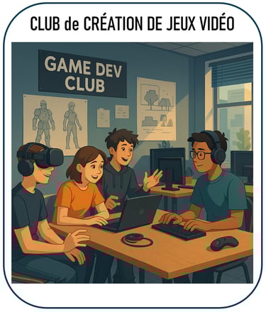 image illustrant un club de création de jeux vidéo et de réalité virtuelle : des jeunes réunis autou
