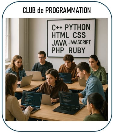 photo illustrant un club de programmation : des jeunes ou adultes autour de tables, travaillant sur 