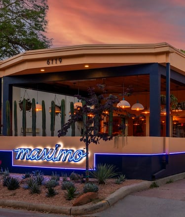 exterior photo of Maximo, featuring a logo developed by letterset 