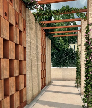 Urnenwand mit Nistkästen in den oberen Fächern