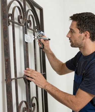 A man is cleaning a window with a ladder.