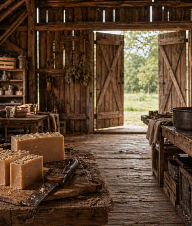 Handmade artisanal soap bars drying on a wooden table inside a rustic vintage workshop barn.