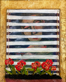 a painting of a woman behind blinds in a window