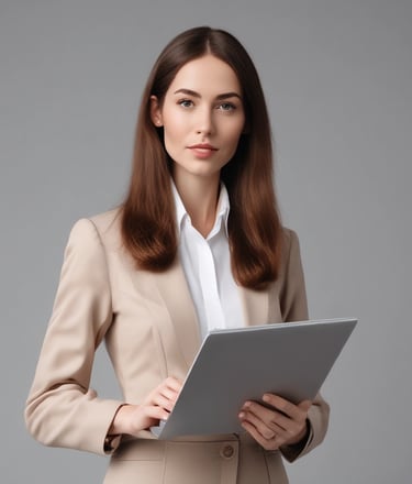 a woman in a corpatur style is holding a laptop