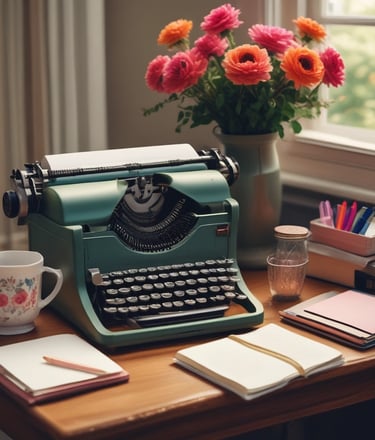 A cozy workspace with a laptop, notebook, and a cup of coffee surrounded by bright azalea red-pink accents.