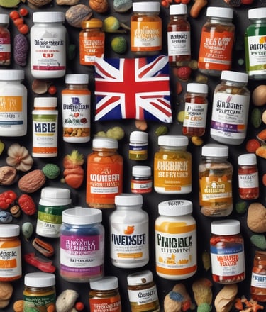 A collection of wellness products is displayed, including a brown glass dropper bottle with a blue label, jars with cream-colored labels, a small bowl with powder, and several capsules scattered on a light surface. Packaging with minimalist design features the brand 'beam' and labels such as 'clarity,' 'the fixer,' and 'revive.'