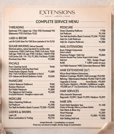a menu for a nail lash and hair salon