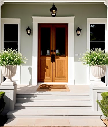 Elegant front porch with double wood doors, white columns, and artificial monkey grassin stone urns.