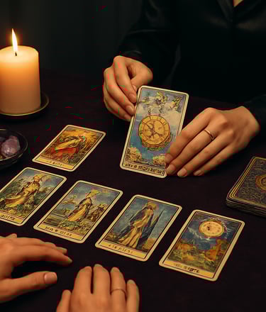A serene setup with tarot cards spread out beside crystals and candles