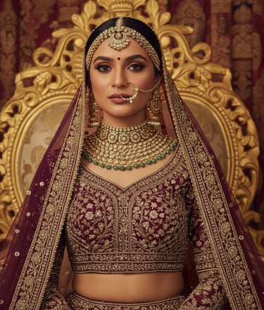 a woman in a maroon and gold bridalle wedding dress