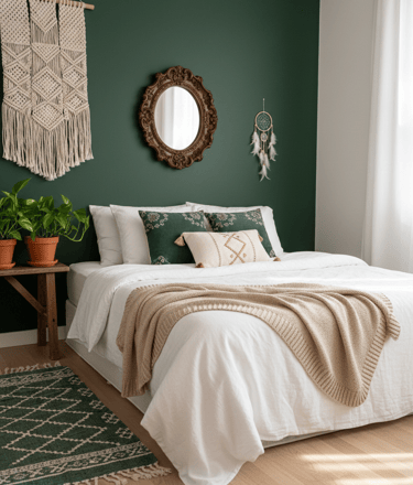 Espejo de madera en un dormitorio bohemio con paredes verde oscuro, un tapiz de macramé