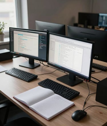 Wide shot of a developer workspace, two large monitors displaying database schema diagrams and terminal output, natural window light from the left, reference notebooks open on the desk, no people visible, overhead perspective showing the full working environment