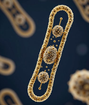 Macro 3D scientific render of chromatin structures and non-viral gene-editing vectors under dark-field microscopy illumination, rich deep navy background with sharp gold highlights, high-contrast precise details.