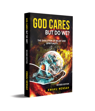 God Cares But Do We? book cover by Kwaku Mensah featuring the Earth in hands amidst space.