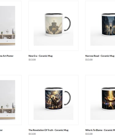 Collection of artistic home decor items featuring fine art posters and ceramic mugs with surreal digital illustrations.