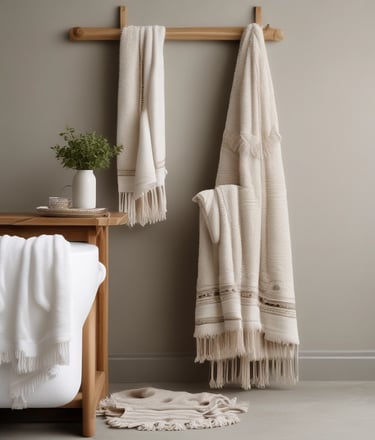 Golden curtains with folds and soft textures are prominently displayed, creating an impression of elegance and luxury.