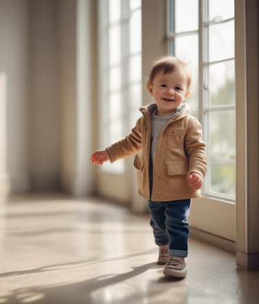 A brightly colored storefront for a kids and baby clothing shop with a sign reading 'bondberro.' The window displays various children's clothing items, and a person in dark clothing is entering the shop. In the foreground, a person on a scooter is passing by.