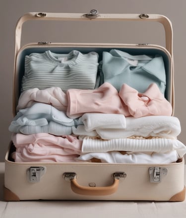 A baby lies on a white quilt surrounded by various baby care products, such as lotions, baby oil, and diapers. The baby is wearing a white diaper with colorful hair ties scattered around. Bright packaging and diverse product shapes create an organized composition.