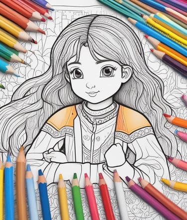 ebook mewarnai dengan karakter anak perempuan dengan pensil warna disekelilingnya